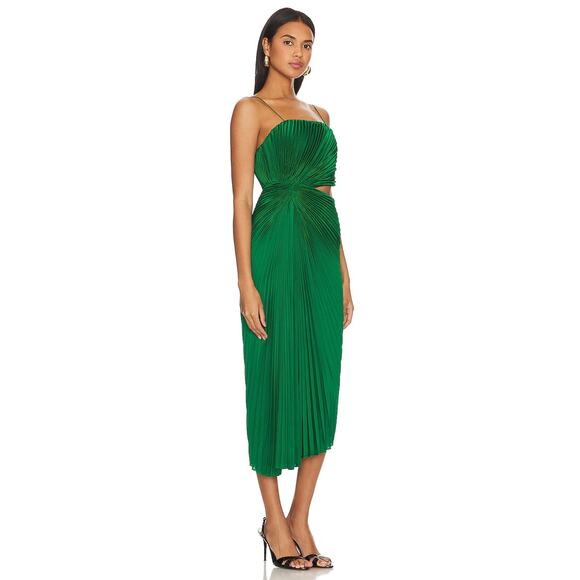 Alice + Olivia Fayeth Midi Dress Pleated Cut-Out Asymmetric Hem Emerald Size 2 - Picture 3 of 15
